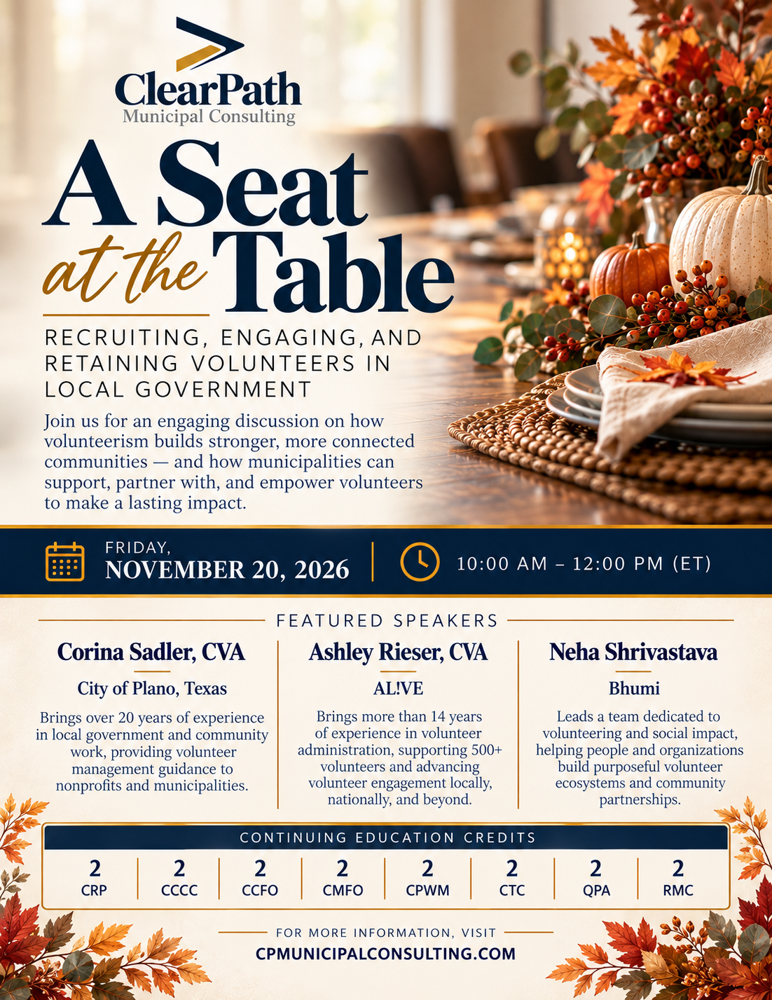 A Seat at the Table: Recruiting, Engaging, and Retaining Volunteers in Local Government — Friday, November 20, 2026